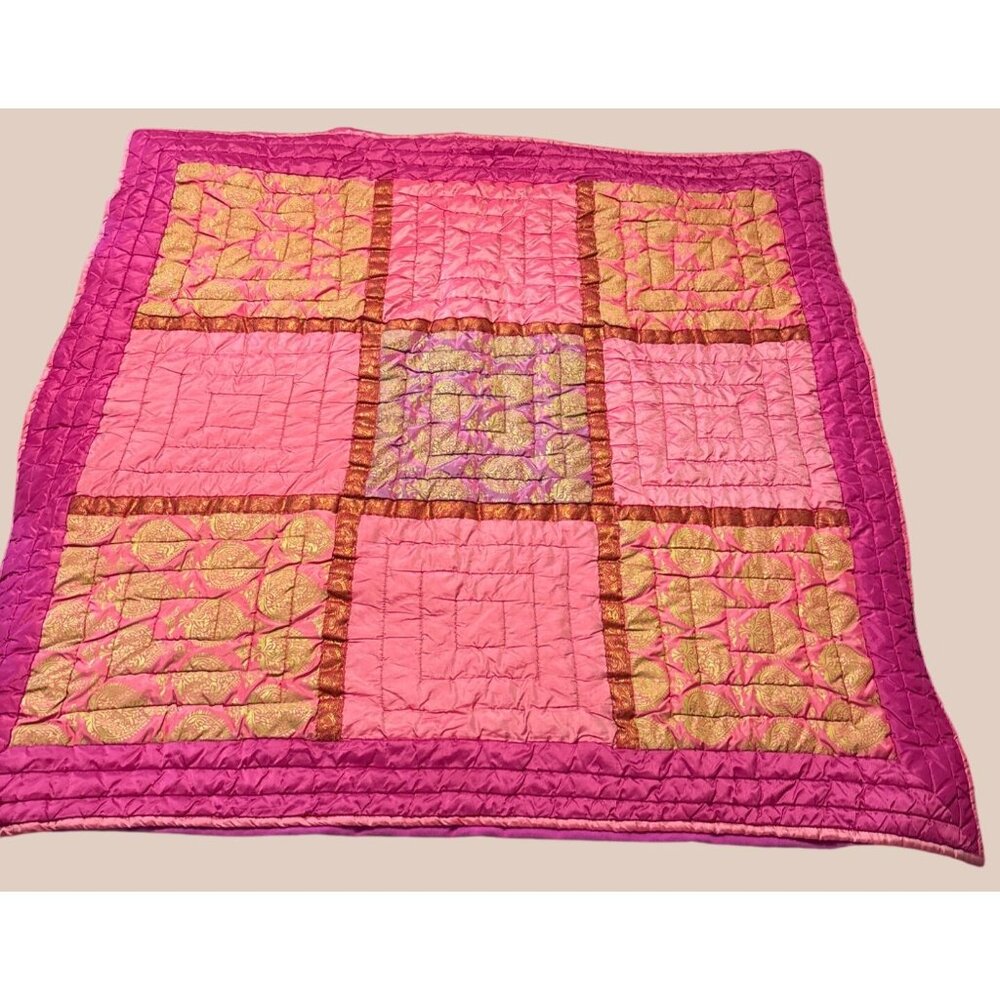 Handcrafted Pink & Gold Patchwork Quilt 43x43 Inches‎